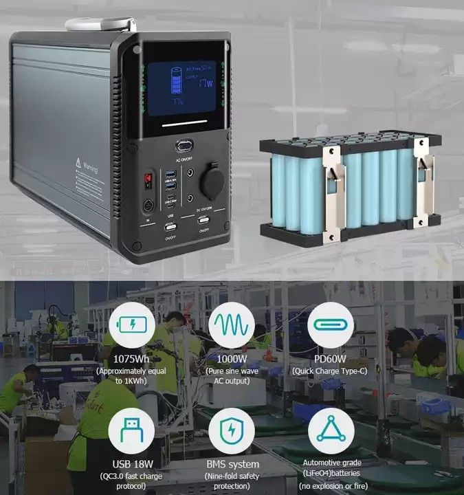 1000w نیروگاه قابل حمل خورشیدی ژنراتور لیتیوم باتری پشتیبان برای تامین تجهیزات کمپینگ